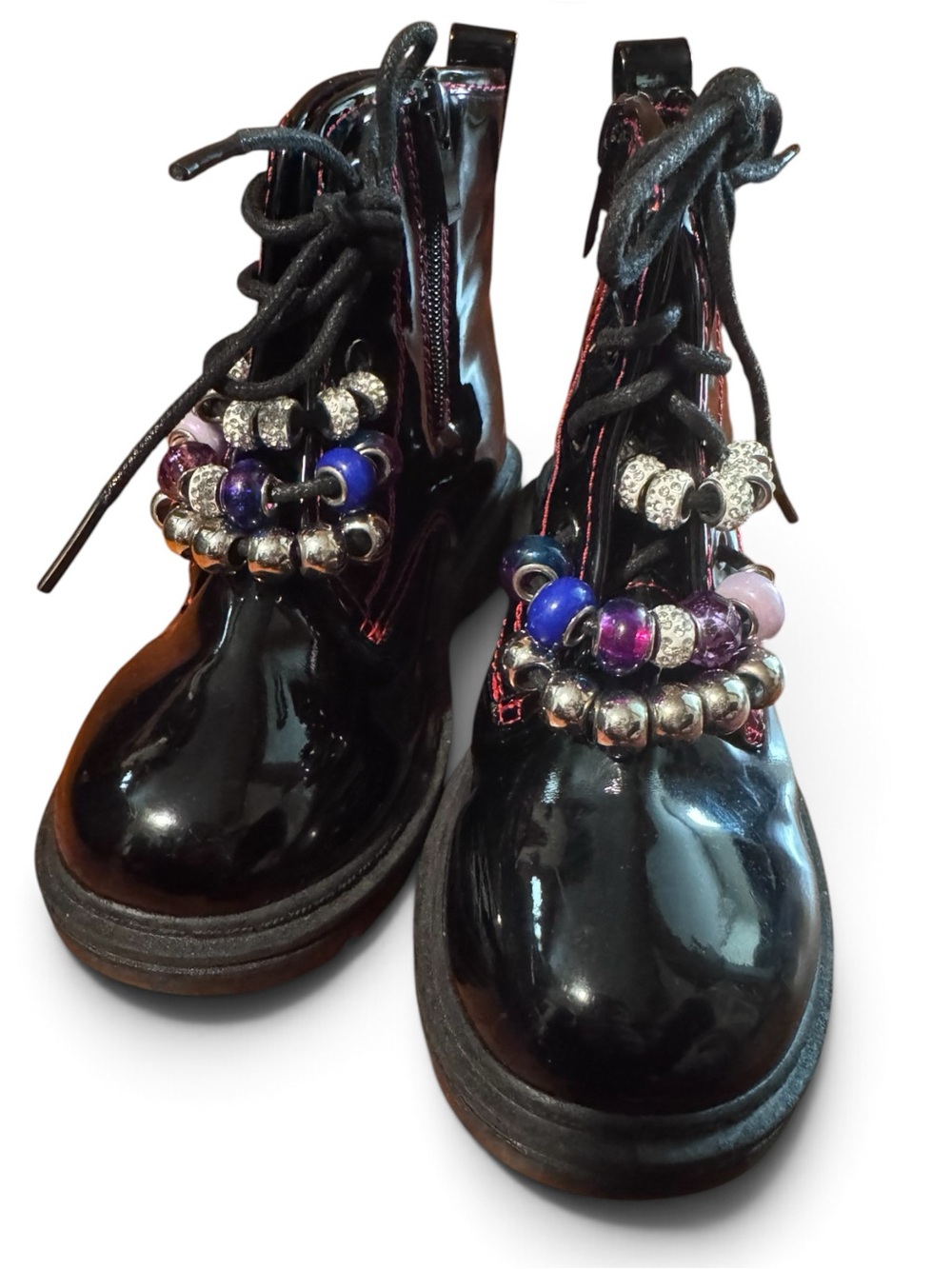 Link Black Patent Lace-Up Girls' Boots with Multicolor Bead Accents